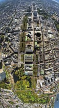 Aerial view, Königsallee with tree avenue, city centre view and commercial buildings, Hofgarten and