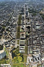 Aerial view, Königsallee with tree avenue, city centre view and commercial buildings, Hofgarten and