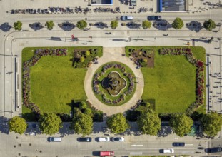 Aerial view, Corneliusplatz with fountain and flower bed at Königsallee, city centre, Düsseldorf,
