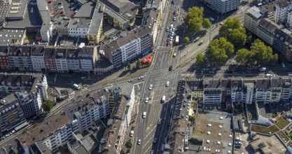 Aerial view, Worringer Platz, crossroads Kölner Straße, street traffic, cafe with red sunshades,