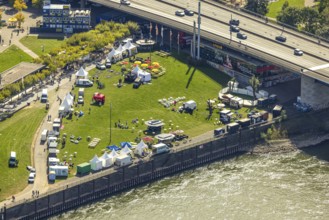 Aerial view, event with pavilions on the meadow next to the Rheinkniebrücke, Carlstadt, Düsseldorf,