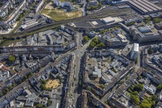Aerial view, Worringer Platz, crossroads Kölner Straße, street traffic, cafe with red sunshades,