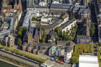Aerial view, catholic basilica St. Lambertus and round tower shipping museum in the old town, roof