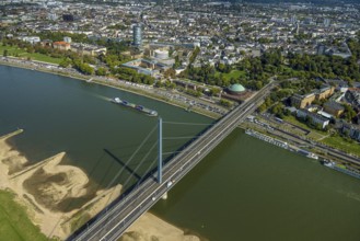 Aerial view, Oberkasseler Brücke over the river Rhine and Tonhalle Düsseldorf, Rhine promenade,