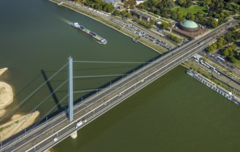 Aerial view, Oberkasseler Brücke over the river Rhine and Tonhalle Düsseldorf, Rhine promenade,