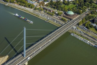 Aerial view, Oberkasseler Brücke over the river Rhine and Tonhalle Düsseldorf, Rhine promenade,