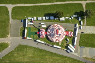 Aerial view, Rheinwiesen Oberkassel with circus tent Waterland, Oberkassel, Düsseldorf, Ruhr area,