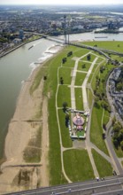 Aerial view, Rhine meadows Oberkassel with circus tent Waterland, behind the Rhine knee bridge over
