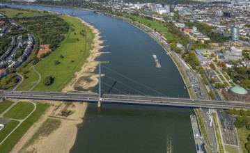 Aerial view, Oberkasseler Brücke over the river Rhine and Tonhalle Düsseldorf, Rhine promenade,