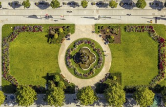 Aerial view, Corneliusplatz with fountain and flower bed at Königsallee, city centre, Düsseldorf,