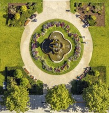 Aerial view, Corneliusplatz with fountain and flower bed at Königsallee, city centre, Düsseldorf,