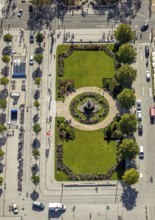 Aerial view, Corneliusplatz with fountain and flower bed at Königsallee, city centre, Düsseldorf,