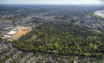 Aerial view, North Cemetery with green trees and cemetery of the Jewish Community Düsseldorf K.d.ö