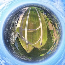 Aerial photo, DUS Airport Düsseldorf Airport with runway and landing strip, globe, fisheye image,