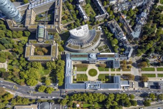 Aerial view, Ehrenhof Kunstpalast art museum, semicircular building Ministry of the Environment,