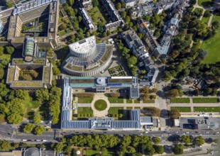 Aerial view, Ehrenhof Kunstpalast art museum, semicircular building Ministry of the Environment,
