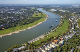 Aerial view, Theodor-Heuss-Bridge and inland navigation on the river Rhine, Rheinpark Golzheim,