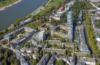 Aerial view, art museum Ehrenhof and Ergo skyscraper, semicircular building Ministry of the