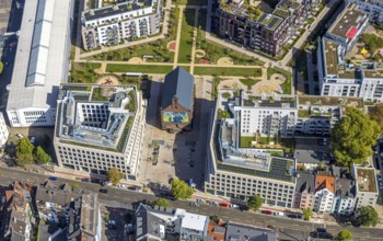 Aerial view, Ulmer Höh church, new residential area and office space in the Ulmenstraße district,