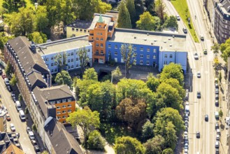 Aerial view, residential area and colourful house facades, house with turrets, Eulerstrasse