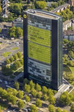 Aerial view, ARAG high-rise office building, slogan We celebrate the law and 90 years of ARAG,