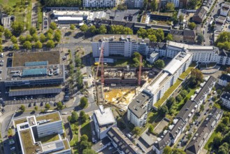 Aerial view, Hotel NH Düsseldorf City Nord, construction site and new Fishman Tower, Mercedes-Benz