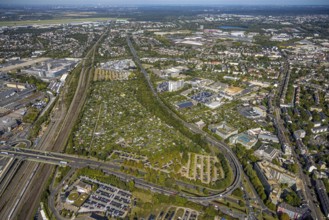 Aerial view, Mörsenbroicher Ei road connection, bridge Grashoffstraße, allotment garden