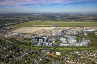 Aerial view, DUS Airport Düsseldorf with reception building, runway and landing strip, commercial