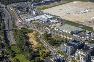 Aerial view, DUS Airport Düsseldorf apron, commercial area DUS Airport-City airport road and