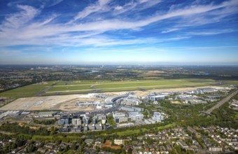 Aerial view, DUS Airport Düsseldorf with reception building, runway and landing strip, commercial