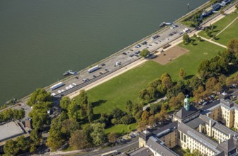 Aerial view, Rheinpark Golzheim and Rhine promenade, roof dome with eagle figure tower of the