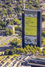 Aerial view, ARAG high-rise office building, slogan We celebrate the law and 90 years of ARAG,
