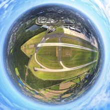 Aerial photo, DUS Airport Düsseldorf Airport with runway and landing strip, globe, fisheye image,