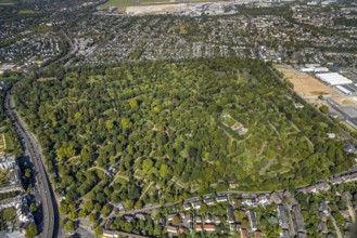 Aerial view, North cemetery with green trees and cemetery of the Jewish community Düsseldorf K.d.ö