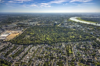 Aerial view, North cemetery with green trees and cemetery of the Jewish community Düsseldorf K.d.ö