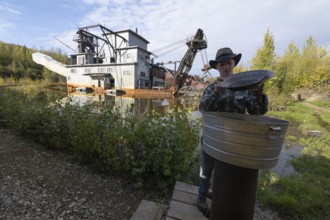 Old gold mine, demonstration of gold panning, Fairbanks, Alaska, USA