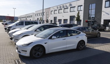Tesla vehicles parked at the Tesla Centre Berlin Schönefeld, 28.09.2025, Schönefeld, Brandenburg,