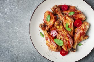 Fried chicken legs, in soy sauce, spices, herbs, top view, homemade