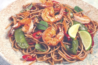 Fried udon noodles with shrimp and vegetables, Asian cuisine, homemade, no people