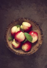 Ripe nectarine, in a wooden plate, brown background, top view, no people
