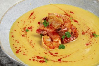 Pumpkin cream soup with shrimp, herbs and spices, homemade, no people