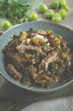 Chakapuli, Georgian dish, stewed meat with herbs and tkemali, in white wine, homemade, no people