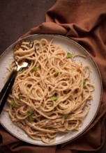 Spaghetti carbonara, in creamy garlic sauce, pasta in white sauce, homemade, no people