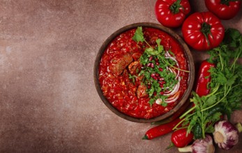 Chashushuli, a traditional Georgian dish, spicy, stewed meat with tomatoes and spices, homemade, no