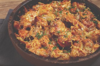 Baked fish with potatoes and cheese, gratin, homemade, no people