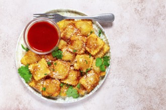 Fried ravioli with parmesan cheese, served with red sauce and garnished with herbs, on a light