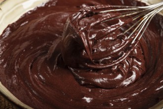 A bowl of chocolate dough, a whisk for whipping, baking, structure and consistency, homemade, top