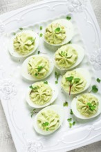 Snack, stuffed eggs with avocado, homemade, no people