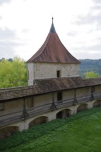 Medieval battlements at Comburg Castle, Benedictine monastery, Way of St James, pilgrimage route,