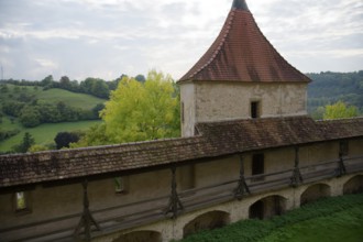 Medieval battlements at Comburg Castle, Benedictine monastery, Way of St James, pilgrimage route,
